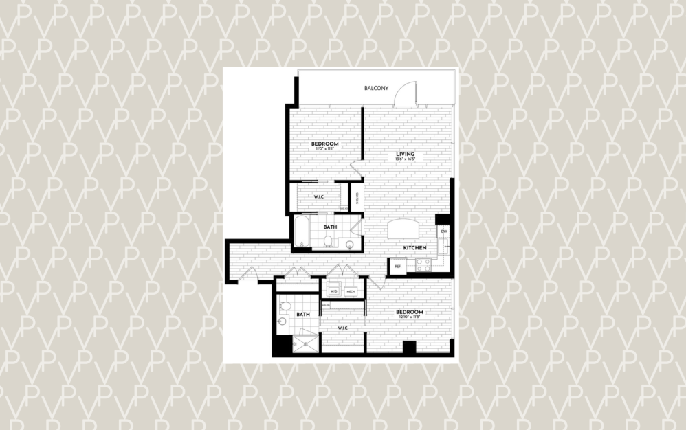 #0001B - 2 bedroom floorplan layout with 2 bathrooms and 1117 square feet