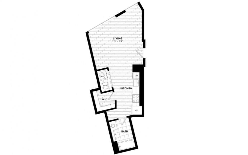 Flat 215 - Studio floorplan layout with 1 bath and 520 square feet.